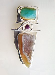 Peruvian opal, sugilite, drusy, pin pendant